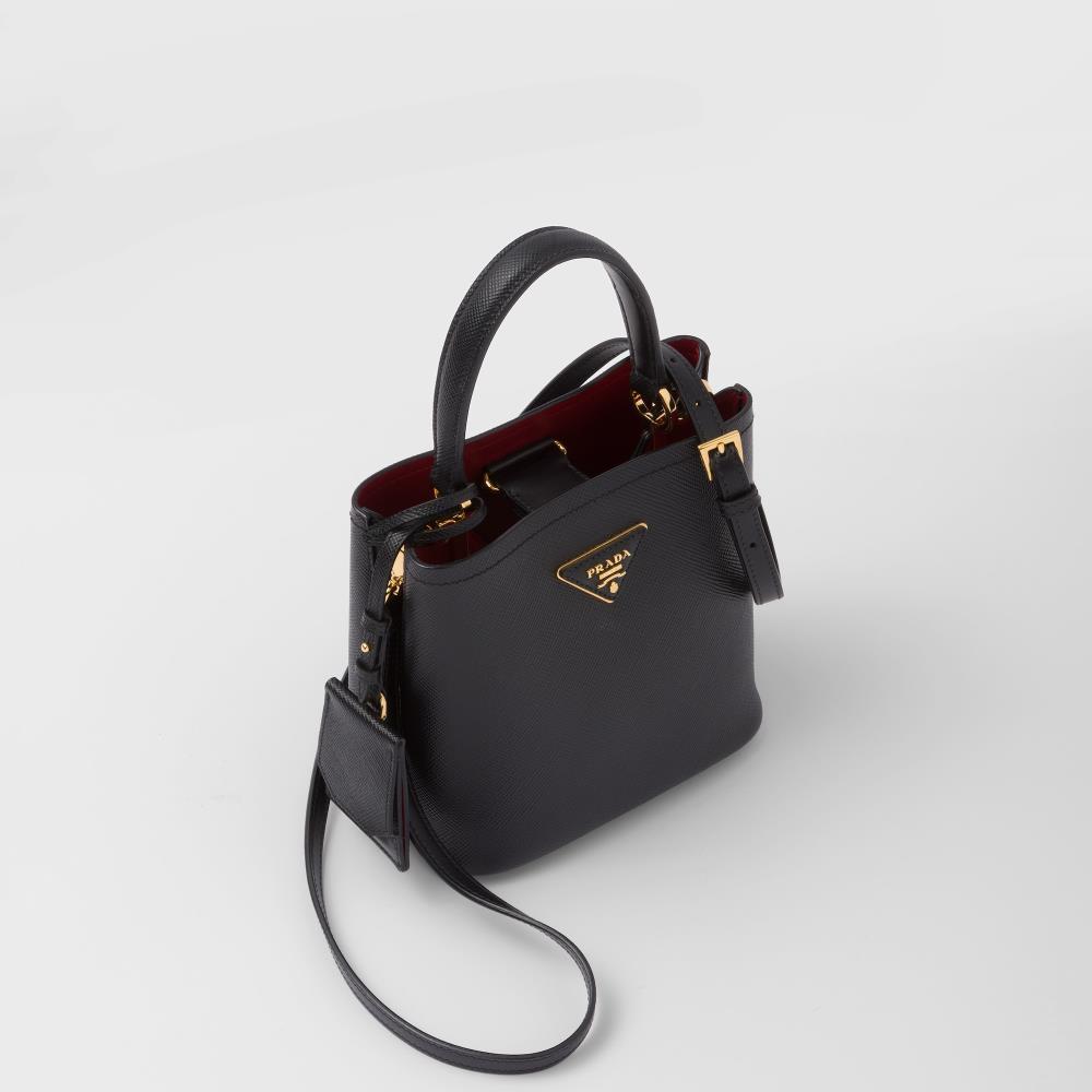Small Saffiano Leather Prada Panier Bag 1BA217, Black, 17*18*10.5cm